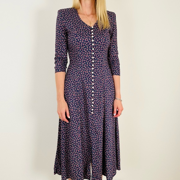 Vintage Paris Sport Club Dress Pearl Buttons Front Padded Shoulders Floral Boho - Picture 5 of 12